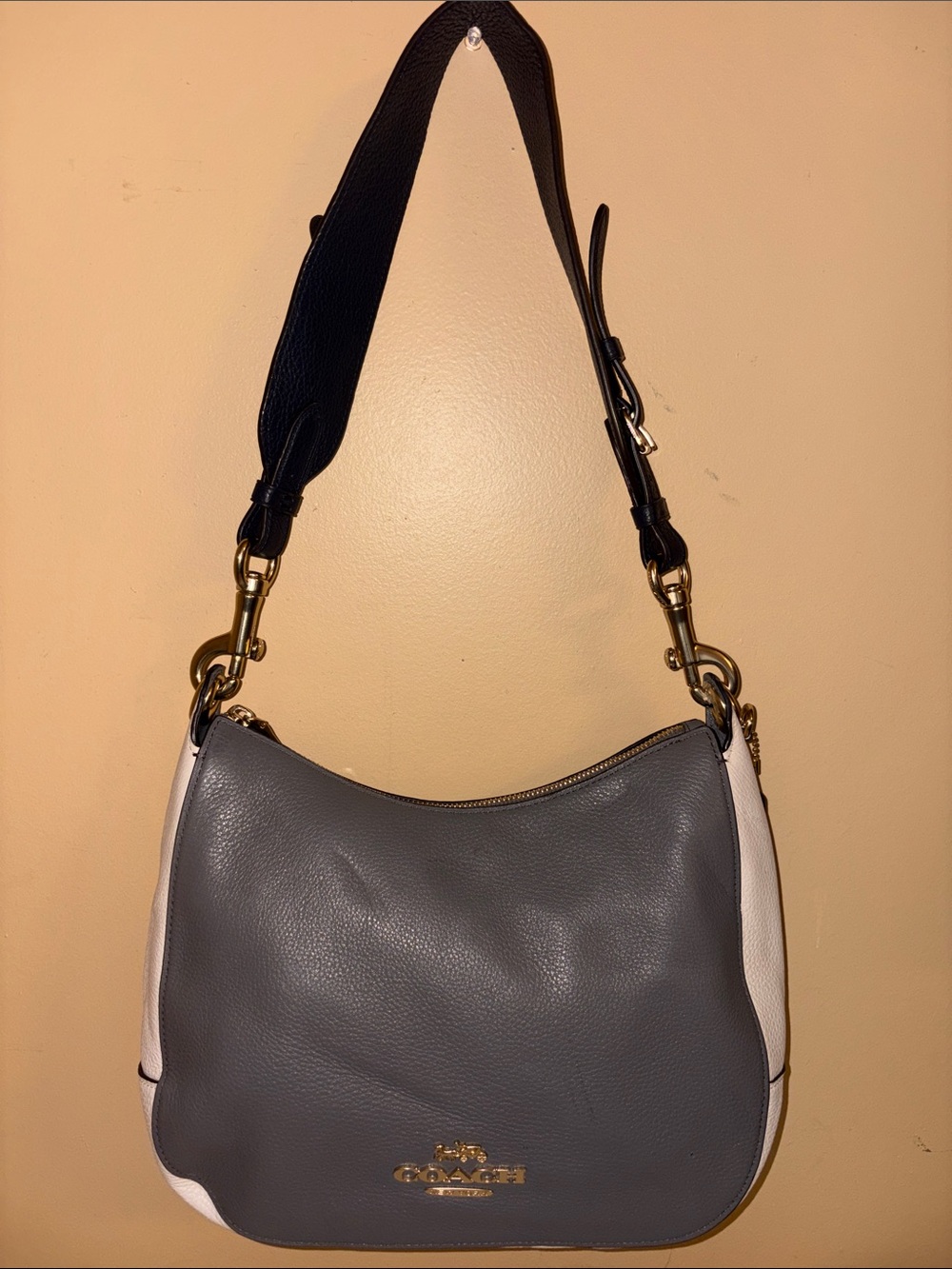Coach Gray and White Pebbled Leather Shoulder Bag with Black Strap